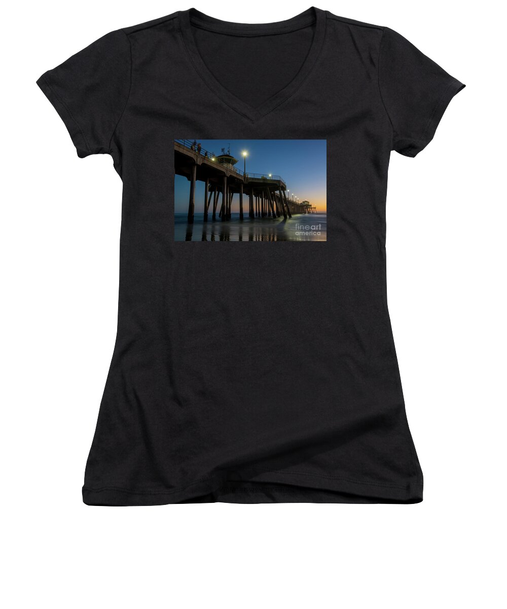 Huntington Beach Women's V-Neck featuring the photograph Huntington Beach pier at dusk by Paul Quinn