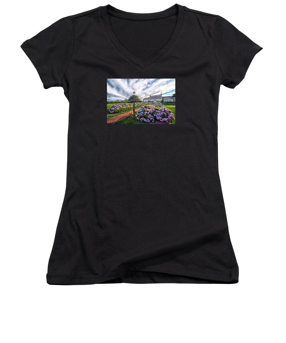Hydrangea House On Shore Road Women's V-Neck featuring the photograph Hydrangea Walk House by Constantine Gregory