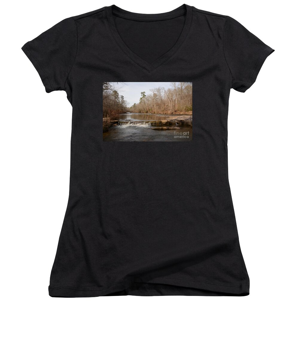 Adrian-deleon Women's V-Neck featuring the photograph I love to go a Wanderin' Yellow River Park -Georgia by Adrian De Leon Art and Photography