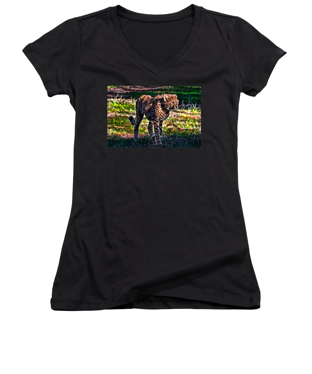 #cheetah Women's V-Neck featuring the photograph I see food...maybe by Miroslava Jurcik