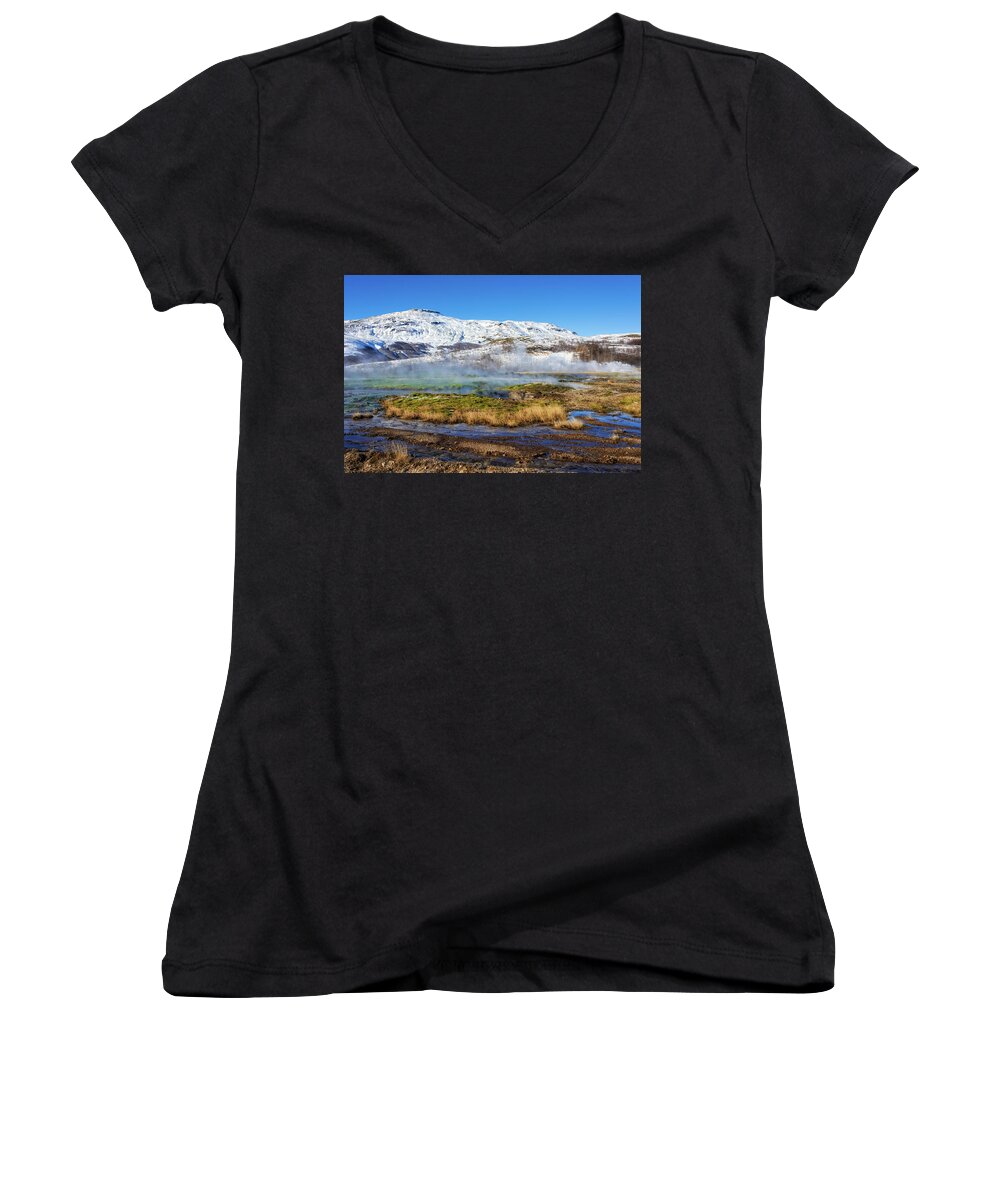Haukadalur Women's V-Neck featuring the photograph Iceland landscape geothermal area Haukadalur by Matthias Hauser