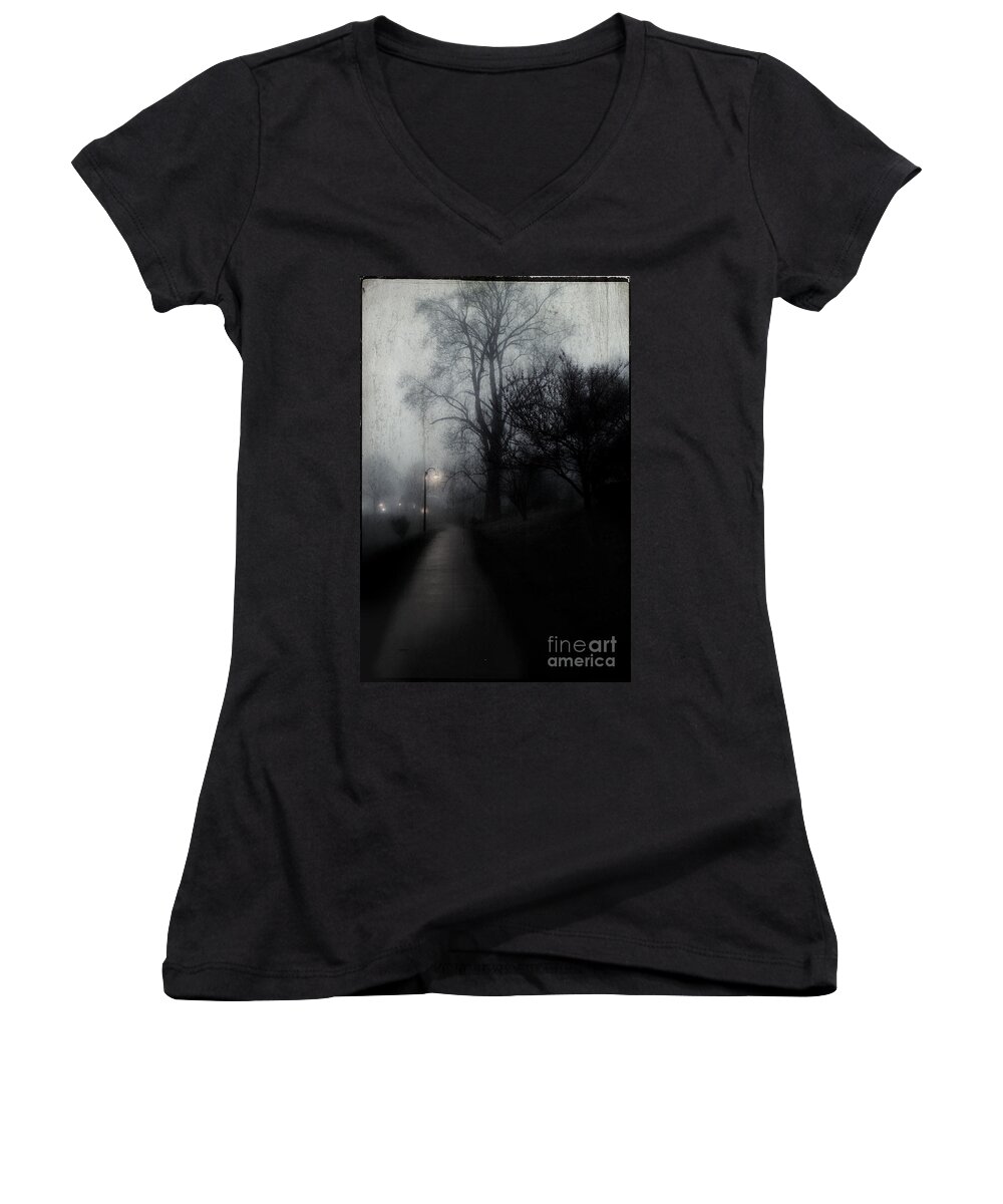 Dark Walkway Women's V-Neck featuring the photograph I'll Walk With You Tonite by Michael Eingle