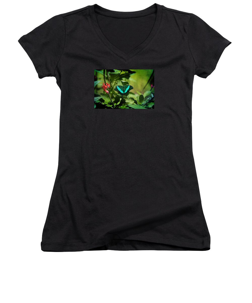 Butterfly Women's V-Neck featuring the photograph In a Butterfly World by Milena Ilieva
