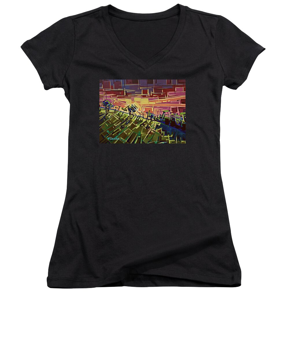 Sunset Women's V-Neck featuring the painting In the middle of the mountain by Enrique Zaldivar