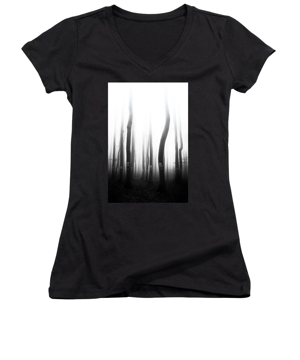Mist Women's V-Neck featuring the photograph In the misty forest by Plamen Petkov