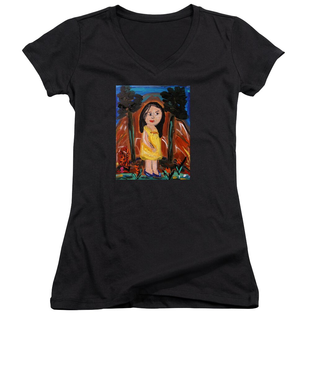 Girl Women's V-Neck featuring the painting In the Woodlands by Mary Carol Williams