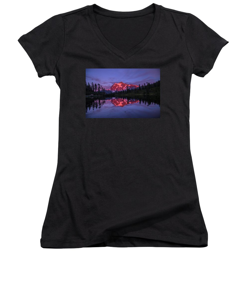 Mt Baker Women's V-Neck featuring the photograph Intense Reflection by Doug Scrima