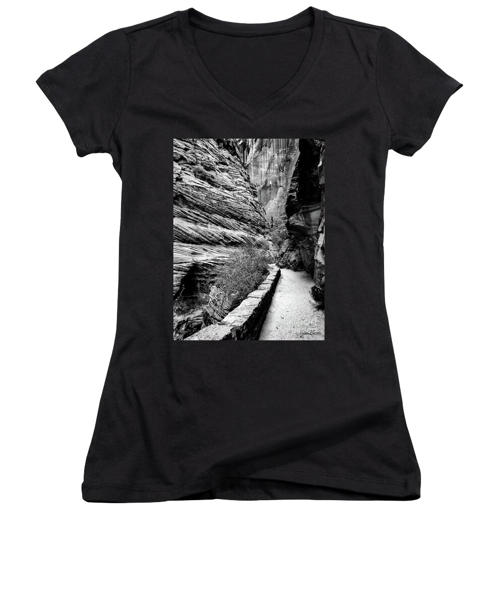 Zion Women's V-Neck featuring the photograph Journey, Black and White by Adam Morsa