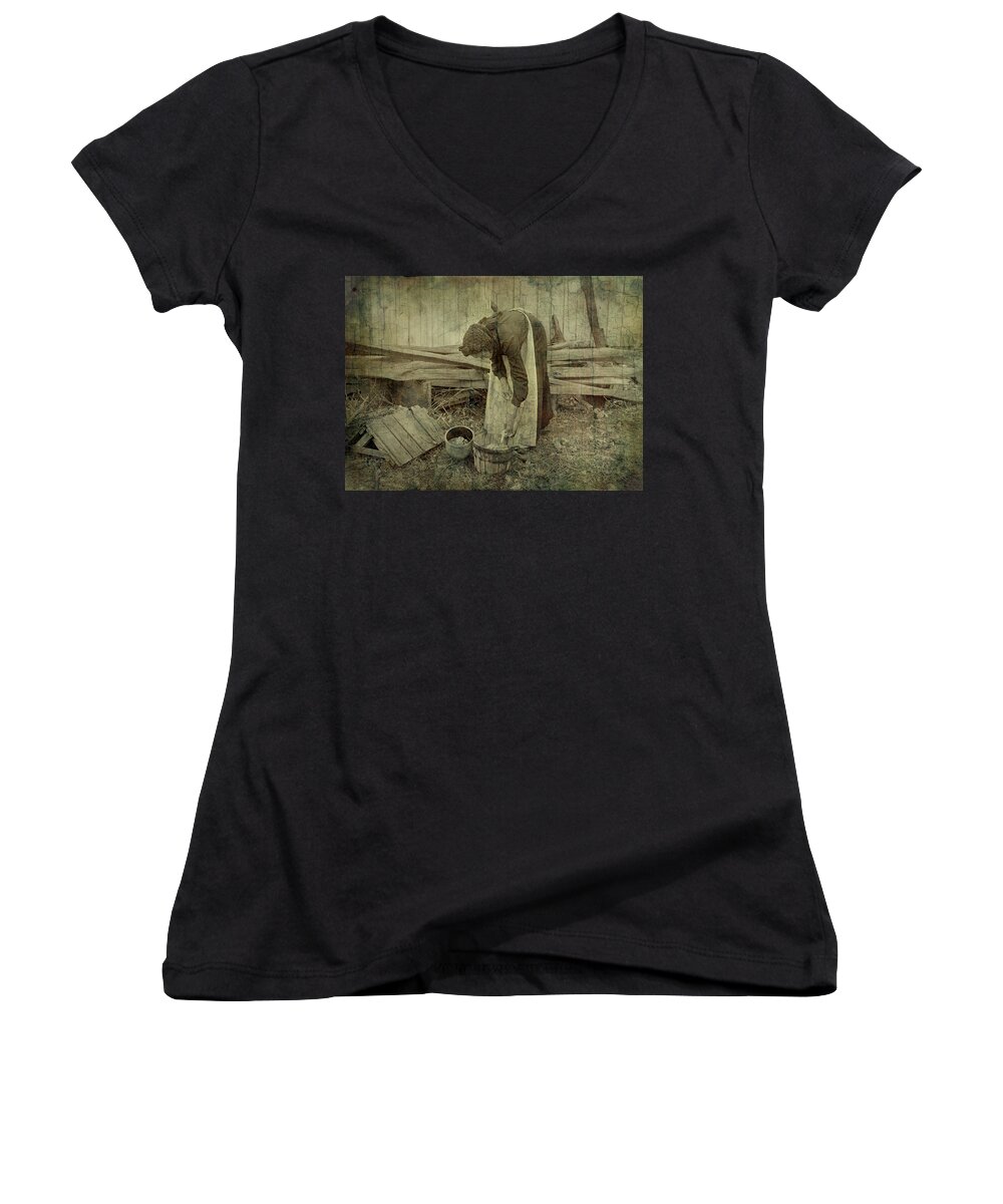 Woman Women's V-Neck featuring the photograph Is Never Done by Char Szabo-Perricelli