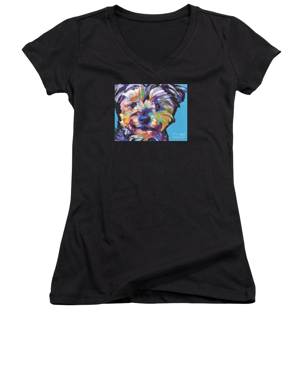 Yorkie Women's V-Neck featuring the painting Itsy Bitsy Best Friend by Lea S
