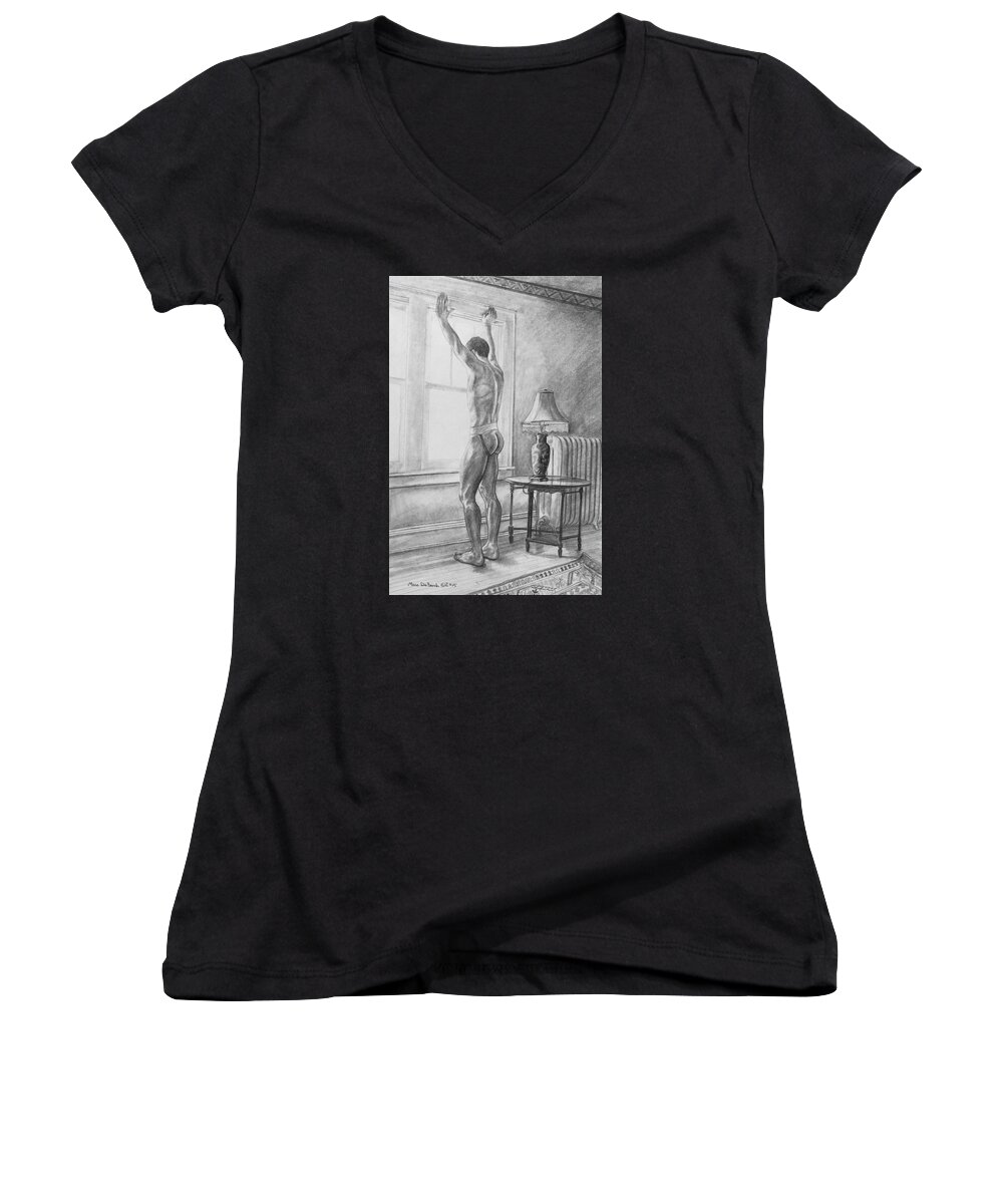 Male Nude Women's V-Neck featuring the painting Jason at the Window by Marc DeBauch