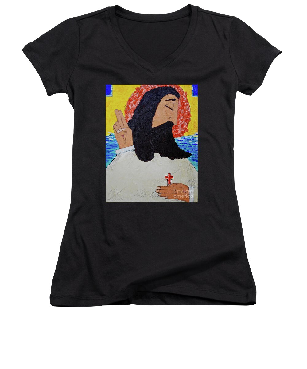 Jesus Women's V-Neck featuring the painting Jesus by Art Mantia