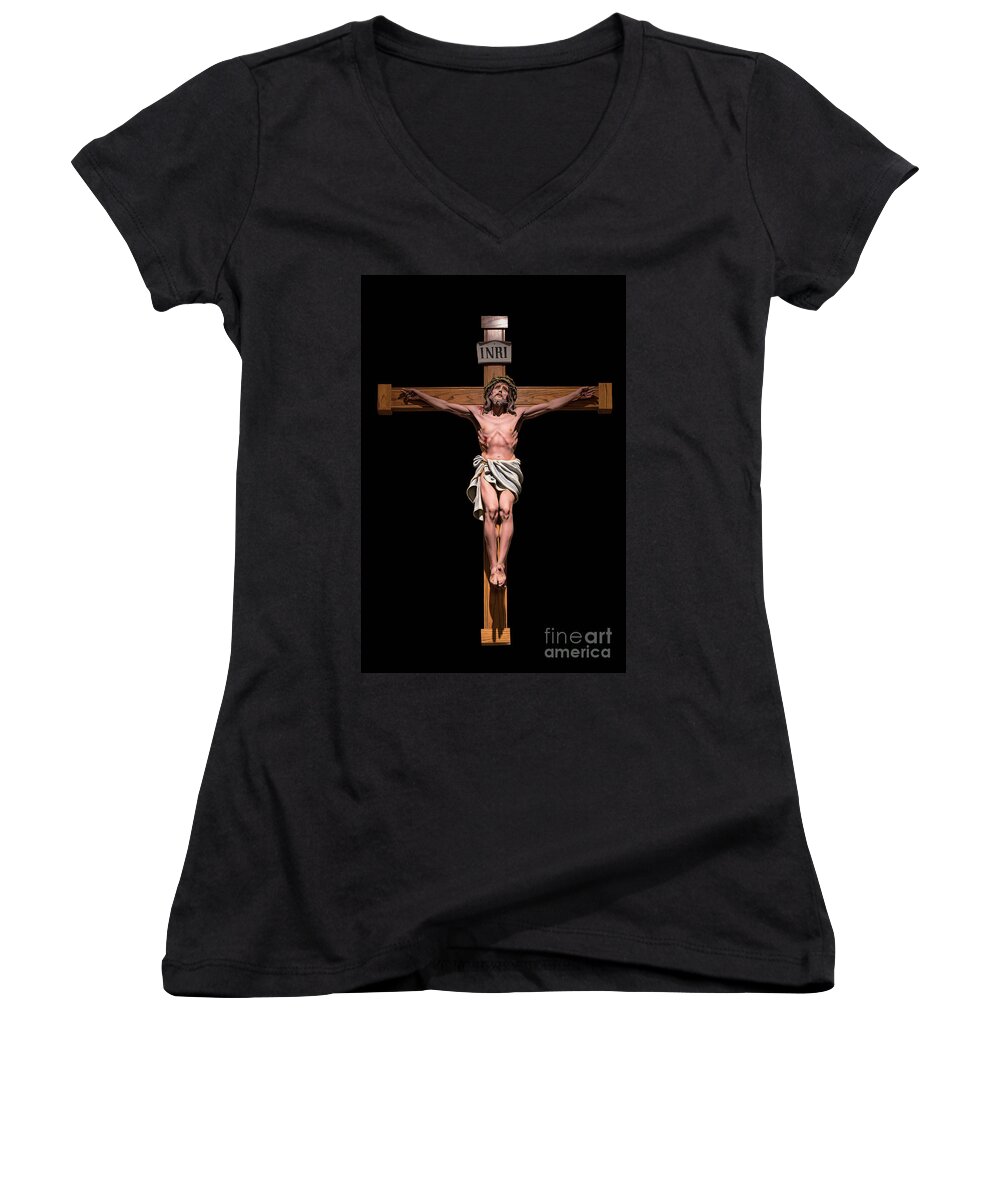 Crucifix Women's V-Neck featuring the photograph Jesus, Savior of the World by Bonnie Barry