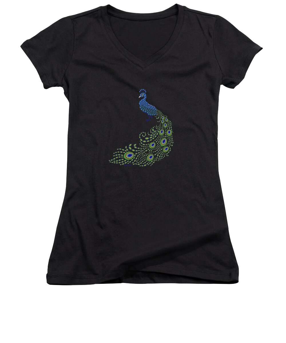 Digital Women's V-Neck featuring the digital art Jeweled Peacock by Heather Schaefer
