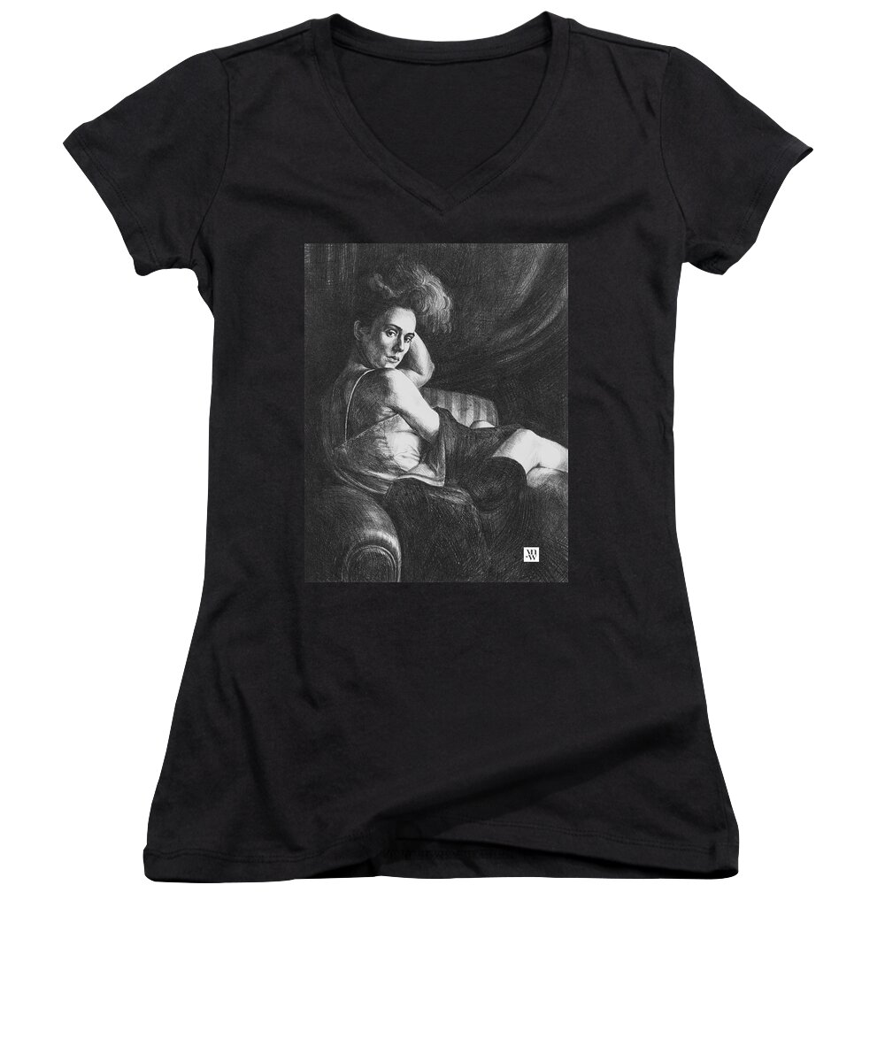 Woman Women's V-Neck featuring the drawing Julia by Yvonne Wright
