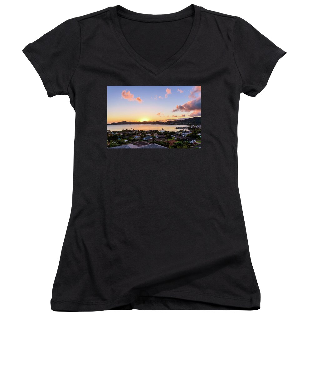 Clouds Women's V-Neck featuring the photograph Kaneohe Bay Sunrise 1 by Jason Chu