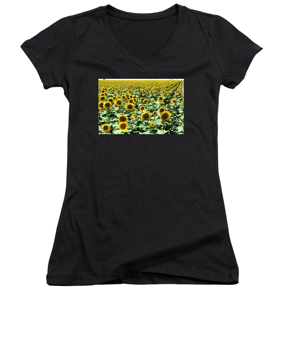 Sunflowers Women's V-Neck featuring the photograph Kansas Sunflower Field by Keith Stokes