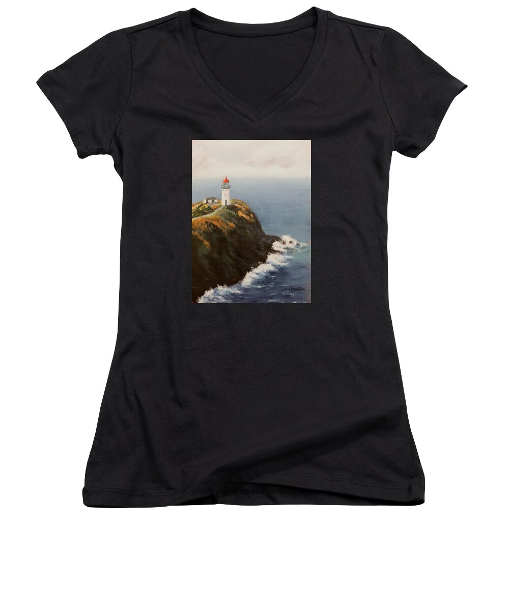 Painting Women's V-Neck featuring the painting Kilauea Lighthouse by Alan Mager