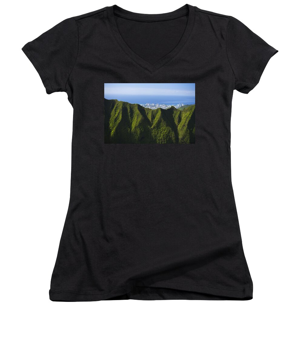 Aerial Women's V-Neck featuring the photograph Koolau Mountains and Honolulu by Dana Edmunds - Printscapes