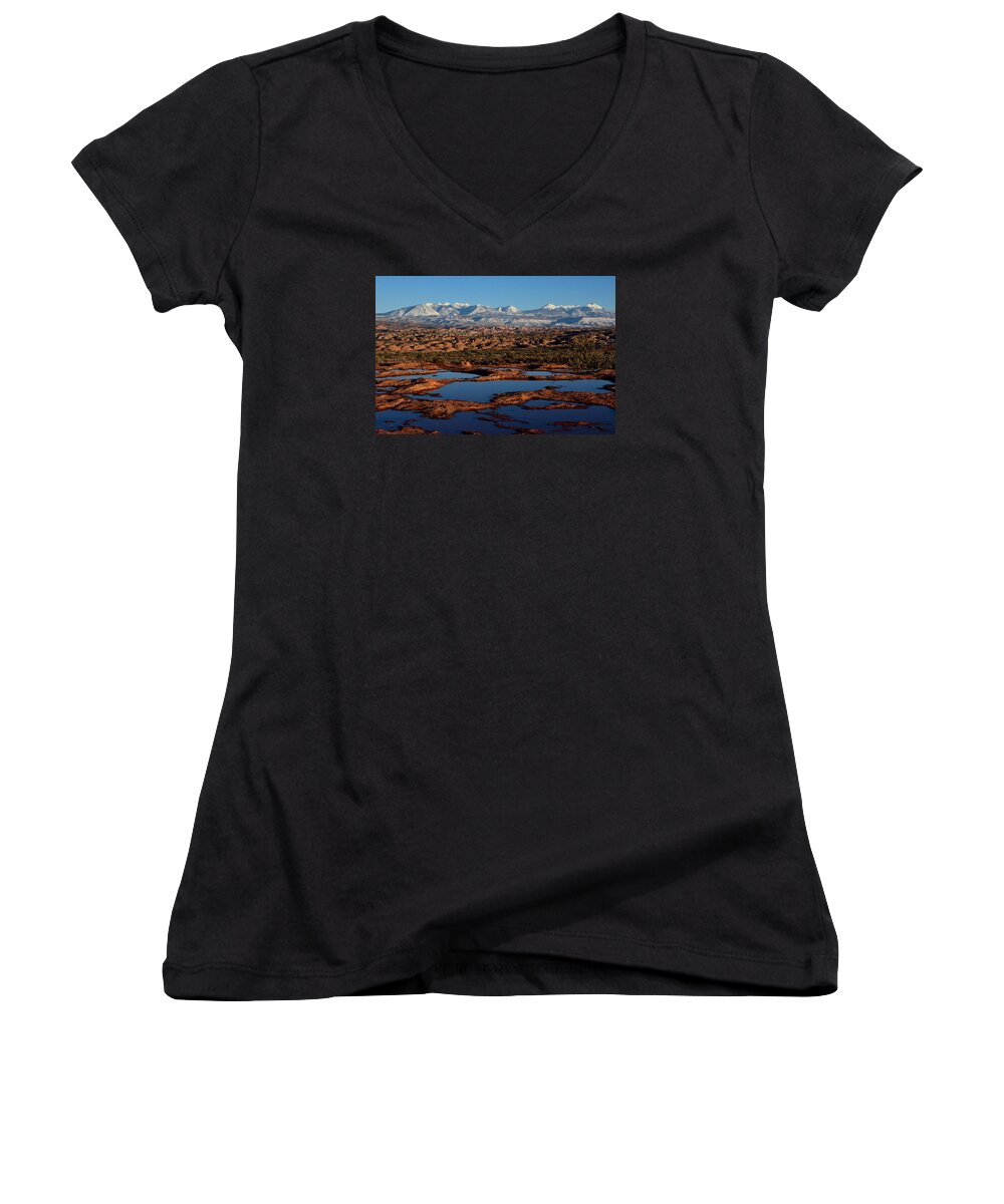 Polholes Women's V-Neck featuring the photograph La Sal Mountains and Ephemeral Pools by Tranquil Light Photography