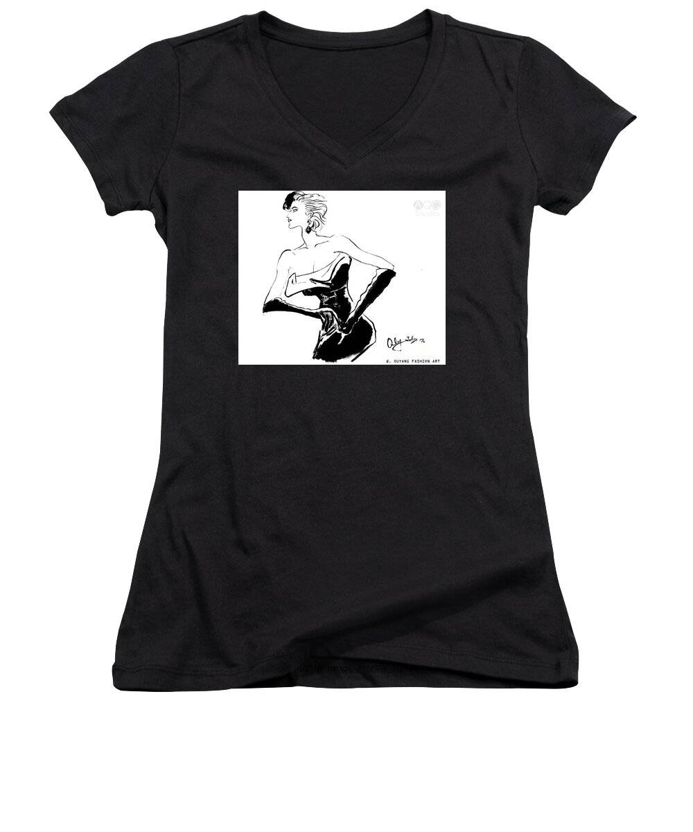 Fashion Illustration Women's V-Neck featuring the painting Lady in Night Dress by Leslie Ouyang