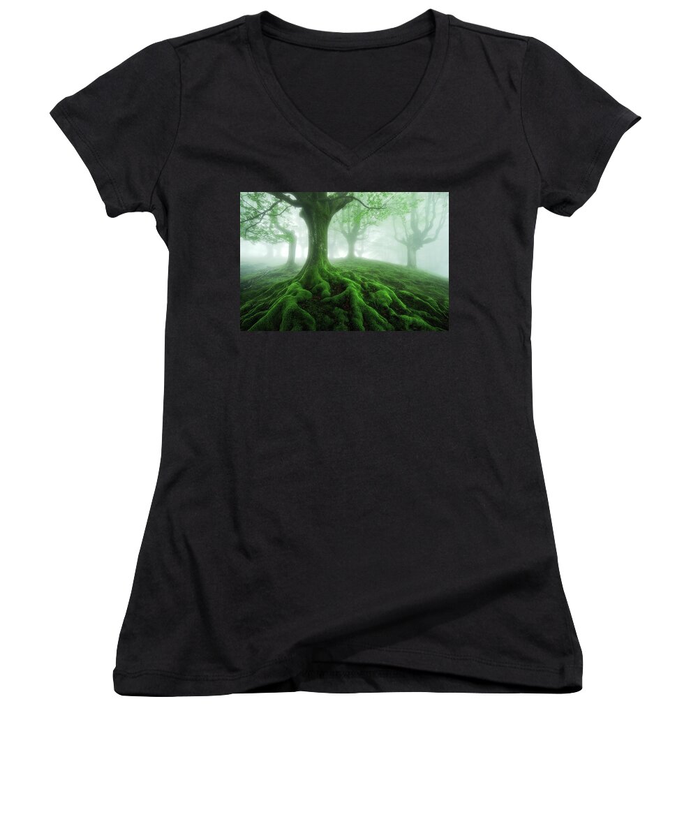 Roots Women's V-Neck featuring the photograph Land of roots by Mikel Martinez de Osaba