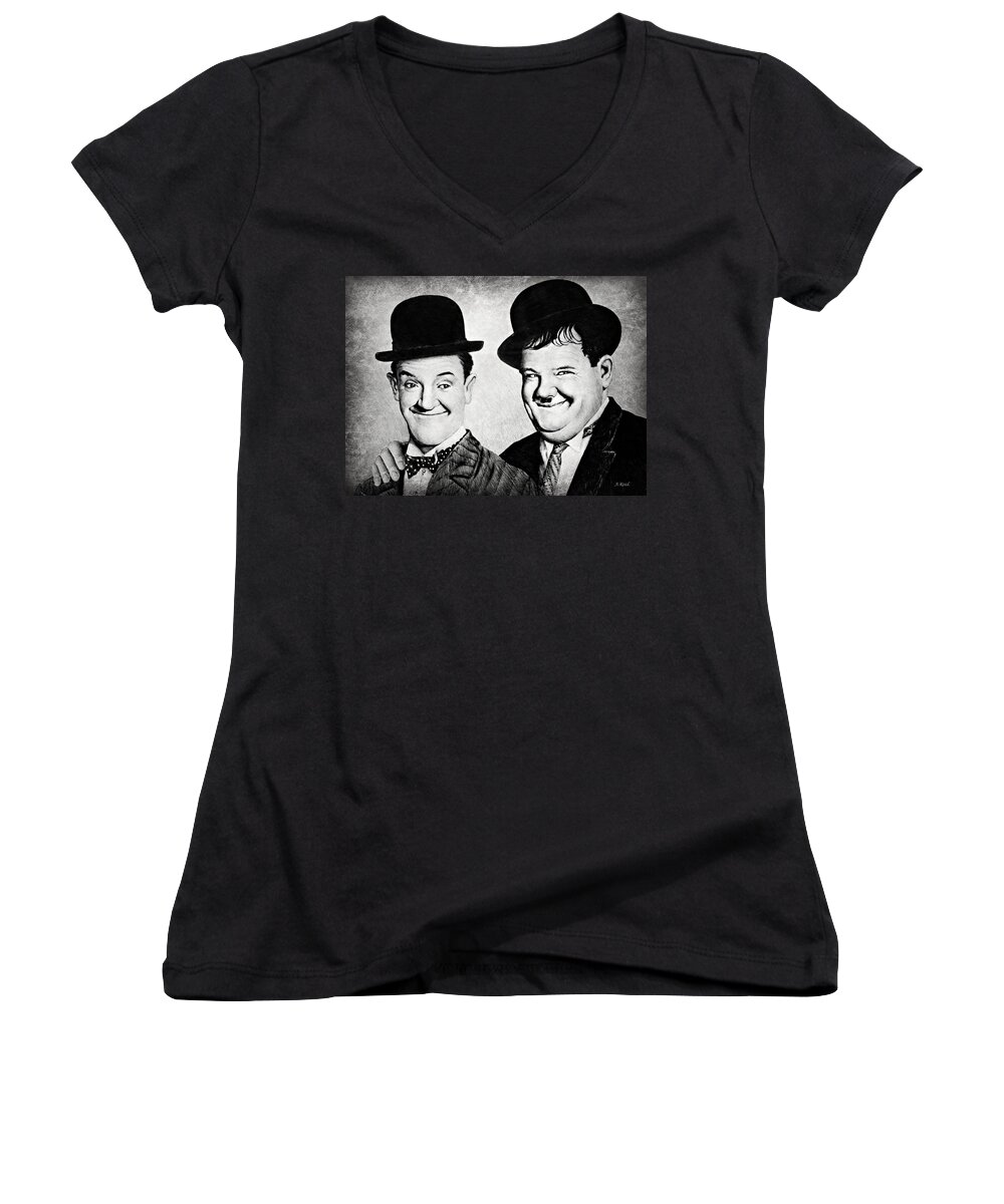 Laurel And Hardy Women's V-Neck featuring the drawing Laurel and Hardy My Pal by Andrew Read