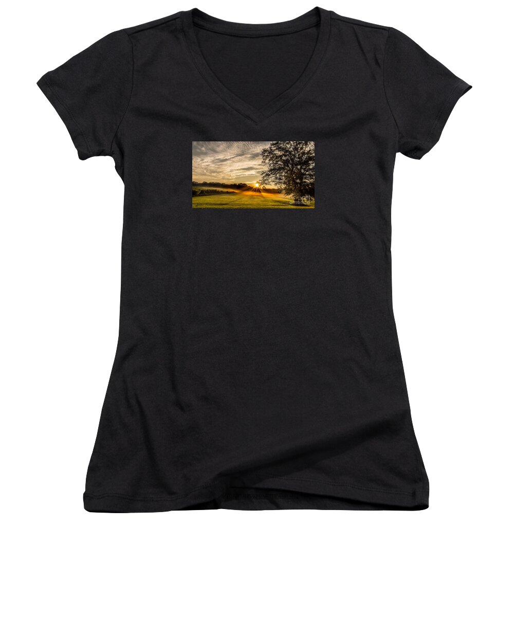 Lawn Women's V-Neck featuring the photograph Lawn Sunrise by Metaphor Photo