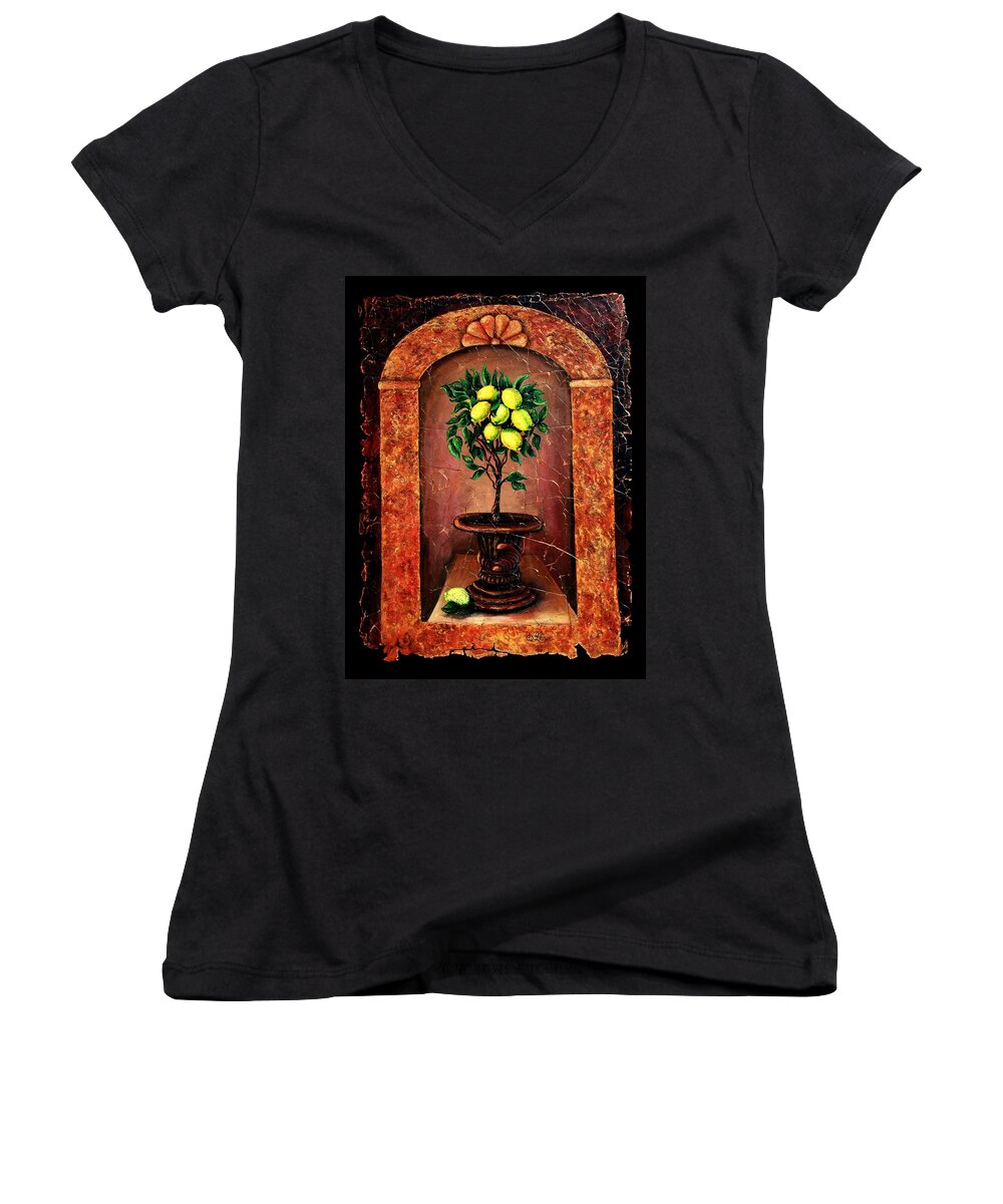  Fresco Antique Women's V-Neck featuring the painting Lemon Tree by Lena Owens - OLena Art Vibrant Palette Knife and Graphic Design