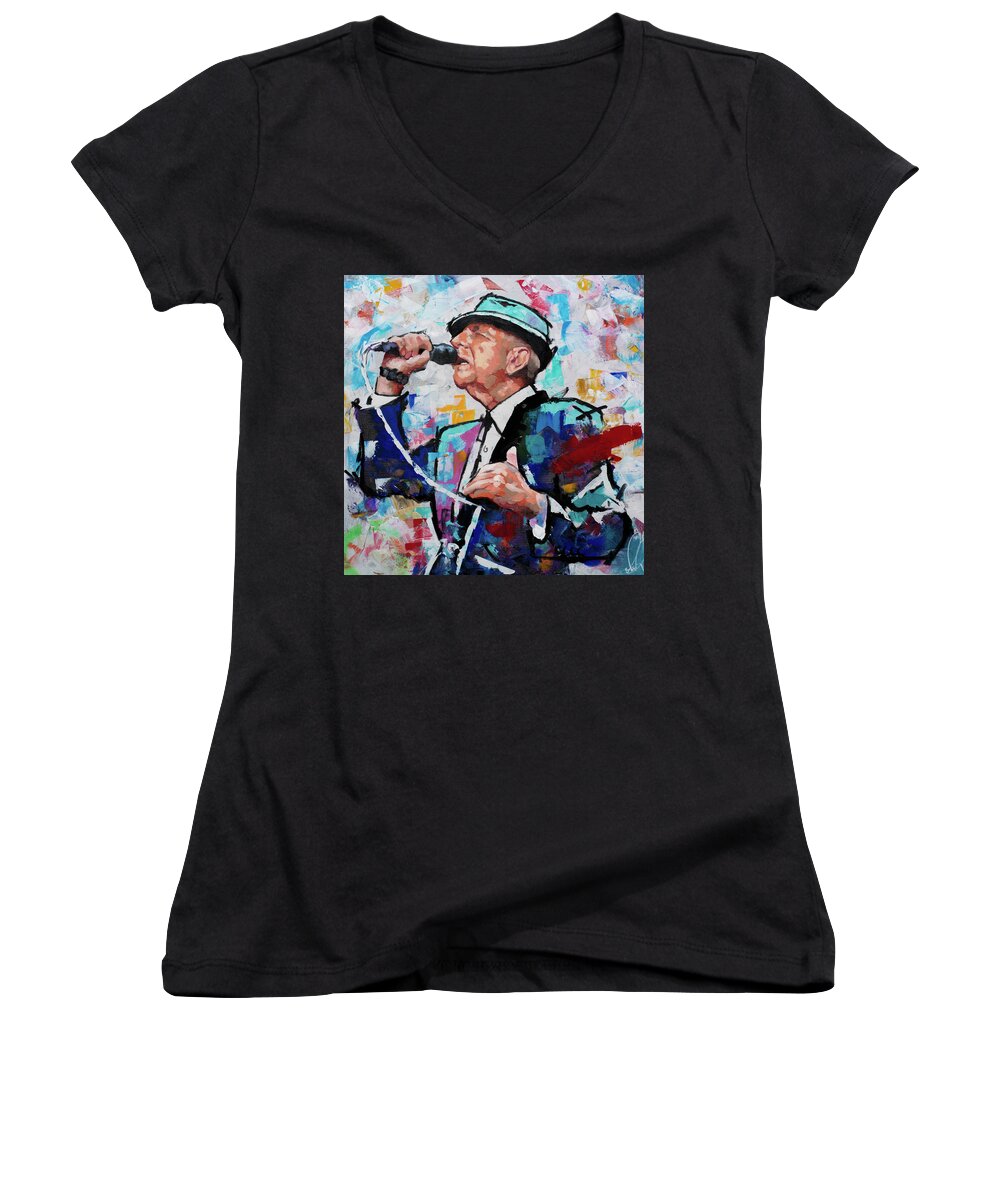 Leonard Cohen Women's V-Neck featuring the painting Leonard Cohen by Richard Day