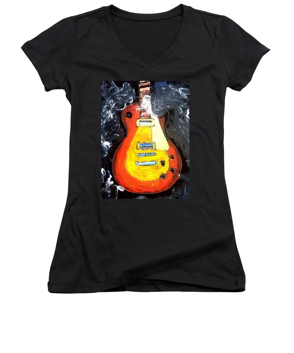 Les Paul Women's V-Neck featuring the painting Les Paul live by Neal Barbosa