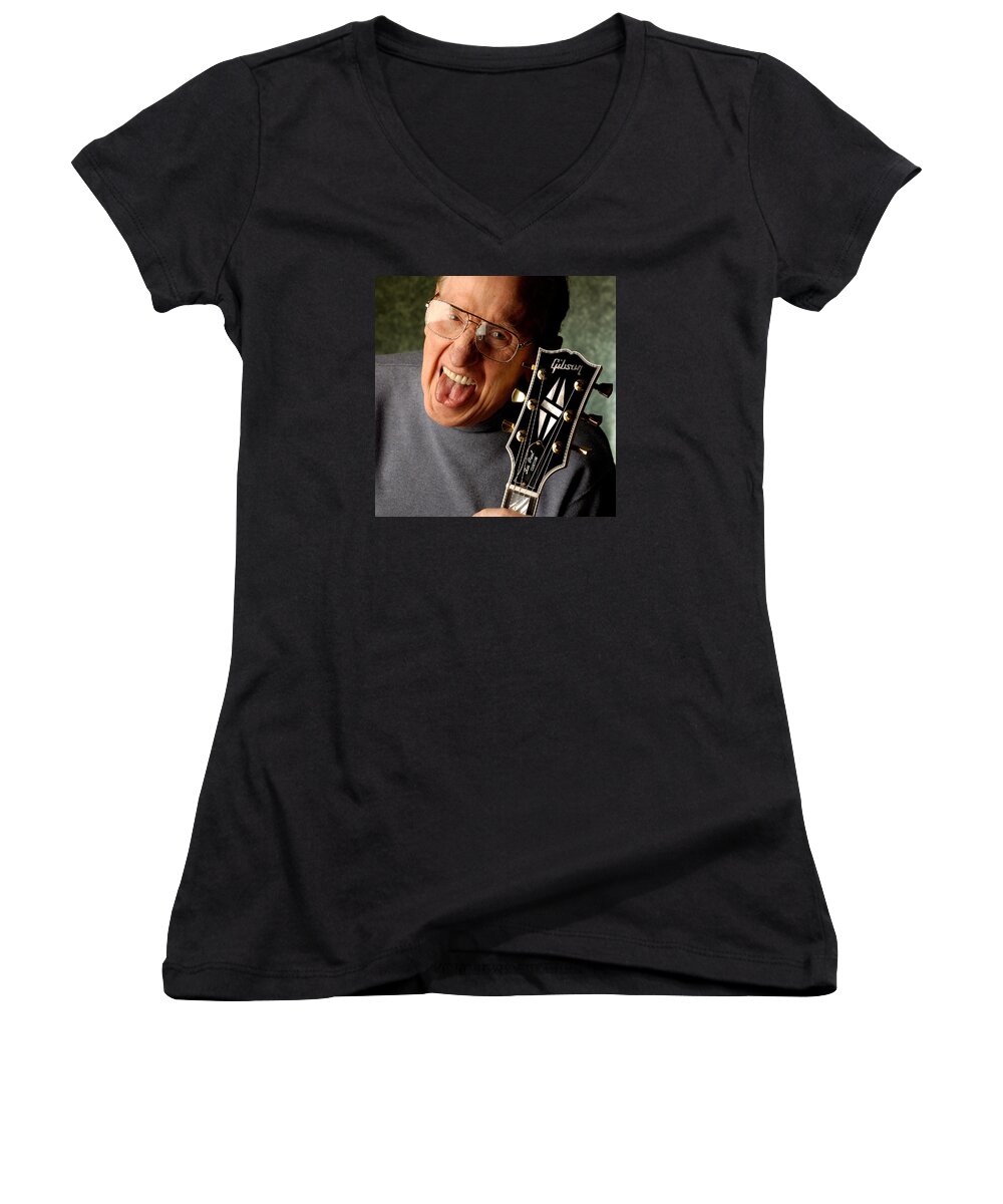 Les Paul Women's V-Neck featuring the photograph Les Paul with tongue out by Gene Martin by David Smith