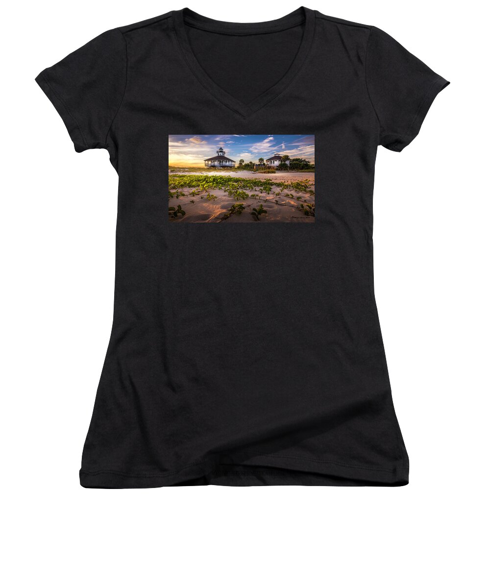 Lighthouse Women's V-Neck featuring the photograph Lighthouse Sunset by Marvin Spates
