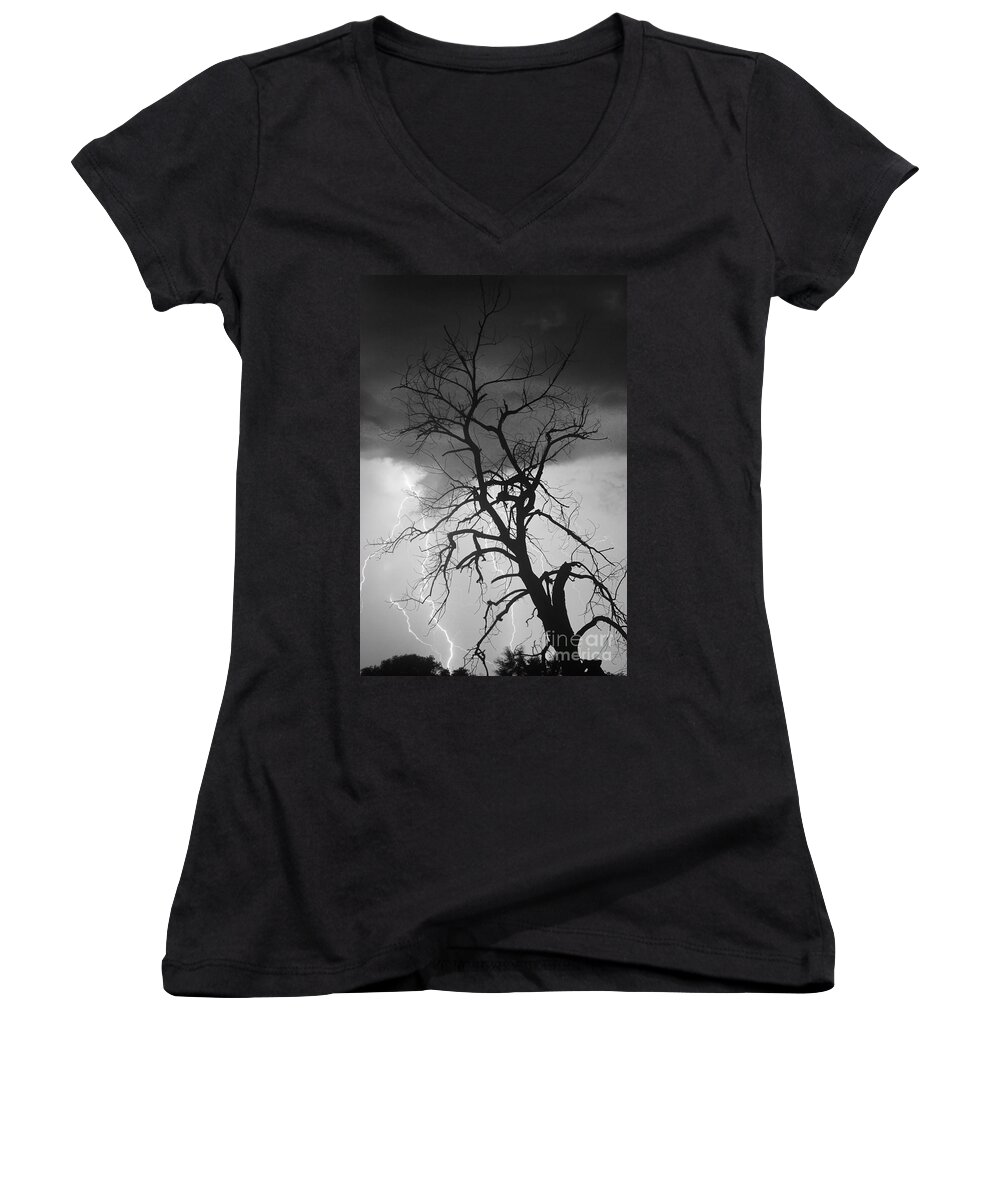 James Bo Insogna Women's V-Neck featuring the photograph Lightning Tree Silhouette Portrait BW by James BO Insogna
