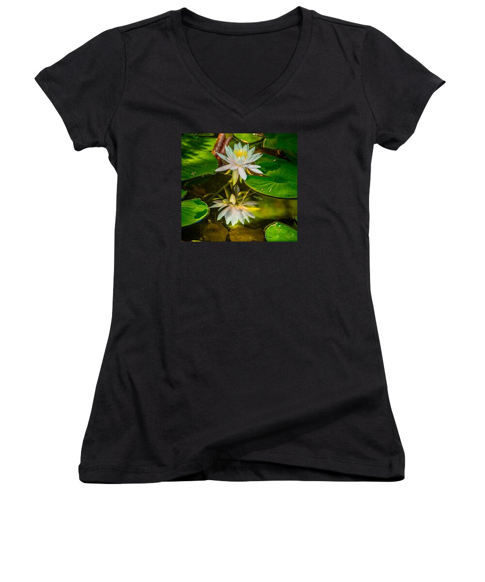 Water Lily Women's V-Neck featuring the photograph Lily Reflection by Jerry Cahill