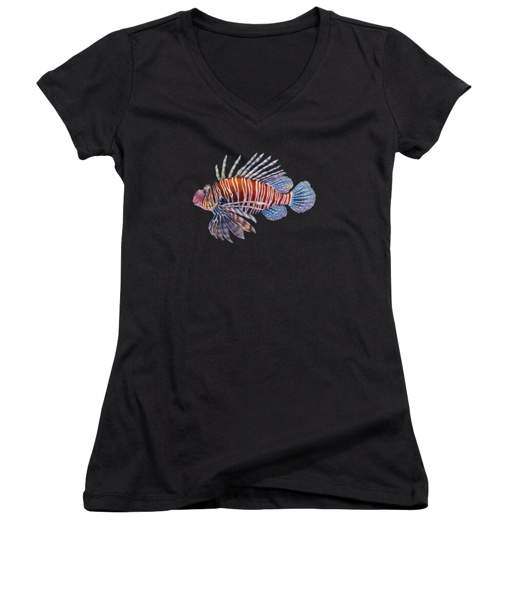 Lionfish Women's V-Neck featuring the painting Lionfish on Black by Hailey E Herrera