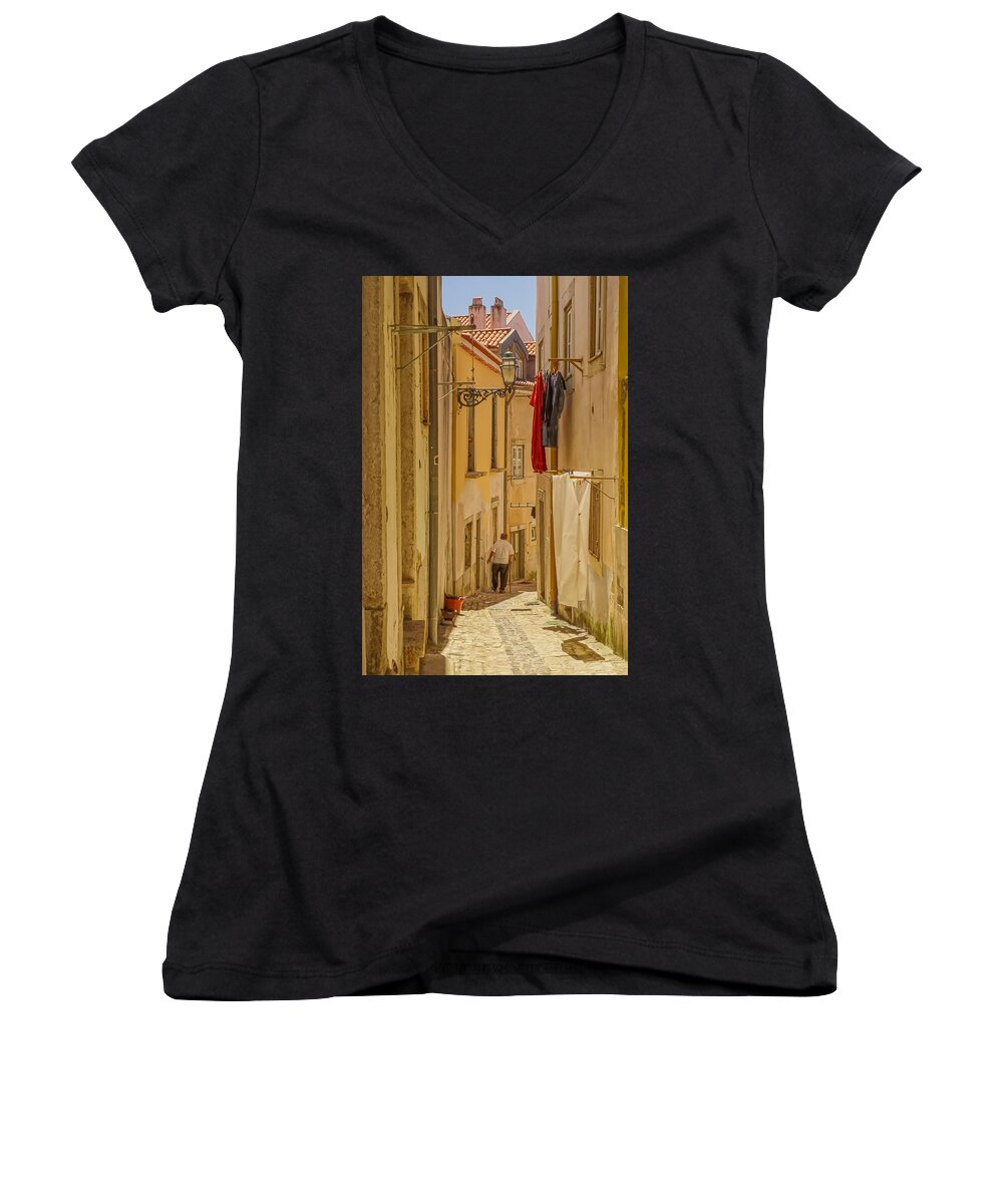 Lisbon Women's V-Neck featuring the photograph Lisbon Street # 1 by Tom and Pat Cory
