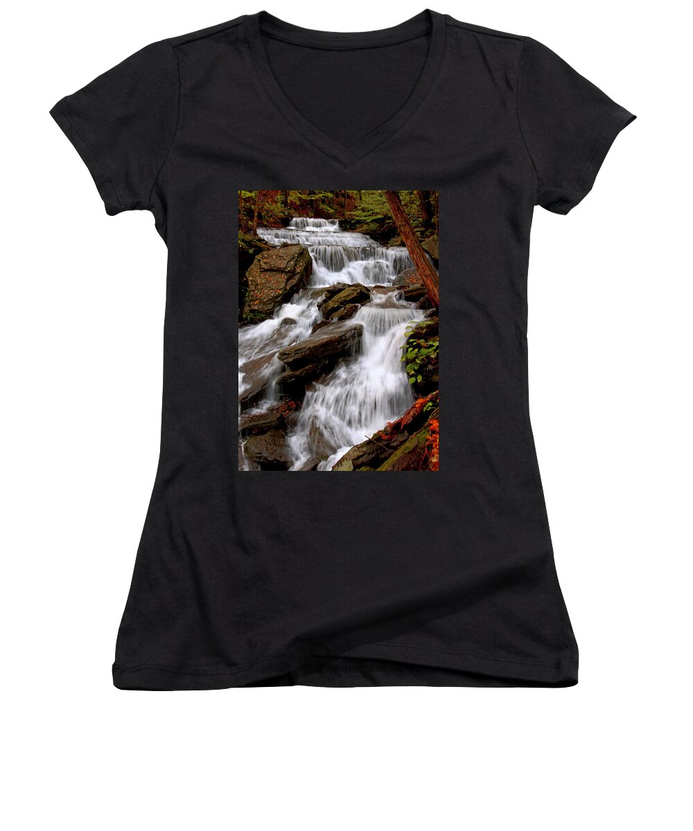 Waterfalls Women's V-Neck featuring the photograph Little Four Mile Run Falls by Suzanne Stout