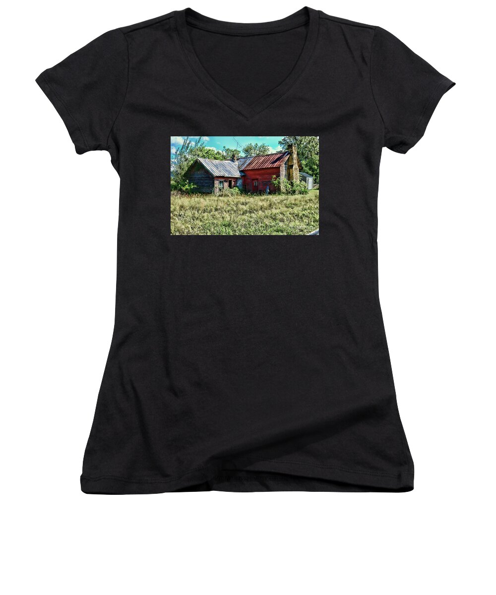 Paul Ward Women's V-Neck featuring the photograph Little Red Farmhouse by Paul Ward