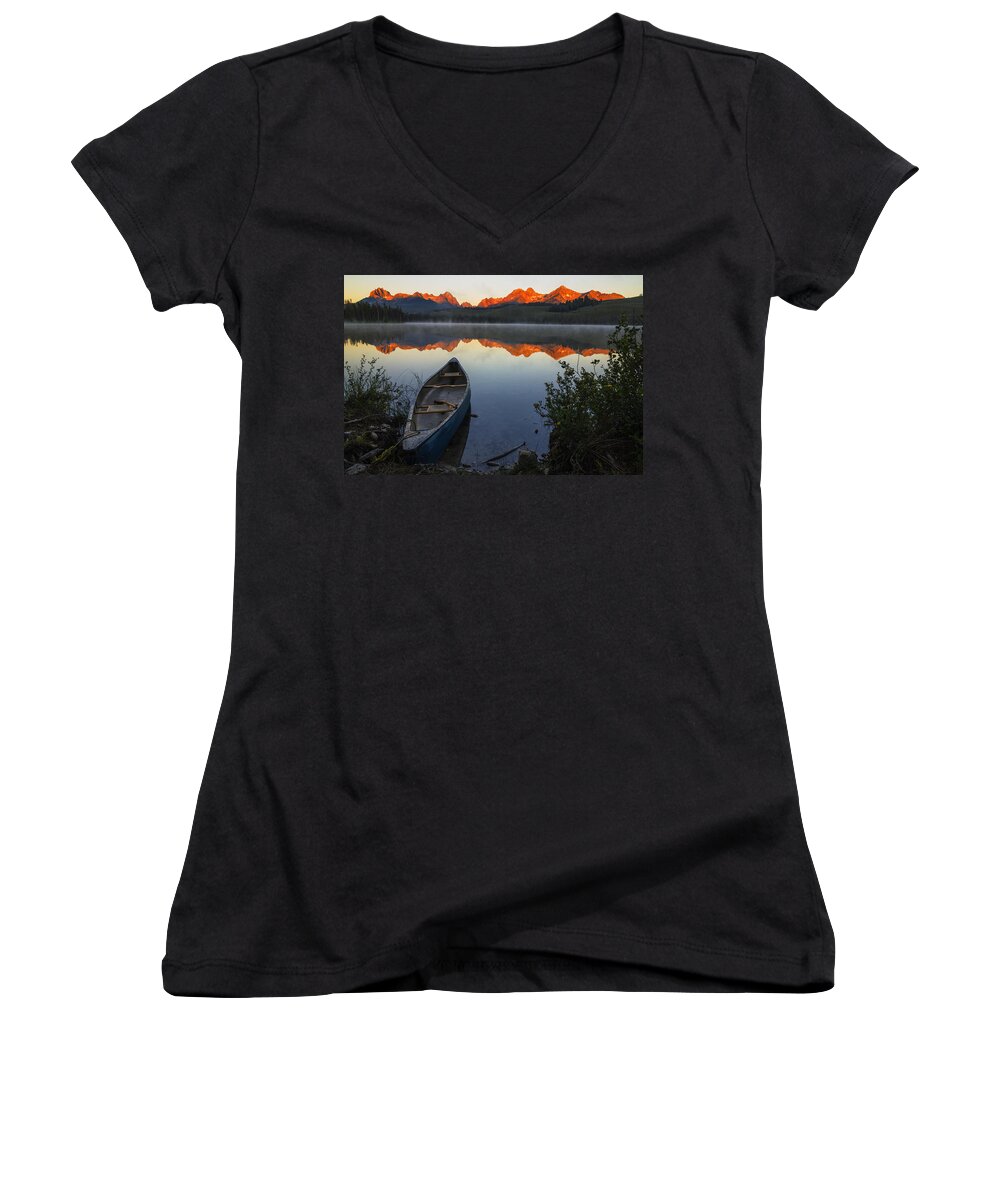 Little Redfish Lake Women's V-Neck featuring the photograph Little Redfish Lake and Canoe in Stanley Idaho USA by Vishwanath Bhat