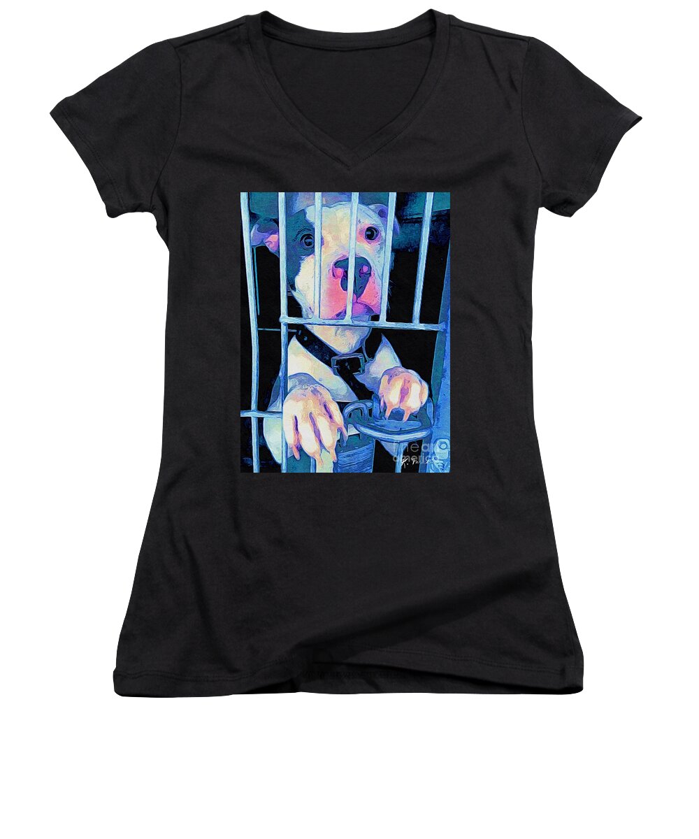 Locked Up Women's V-Neck featuring the digital art Locked Up by Kathy Tarochione