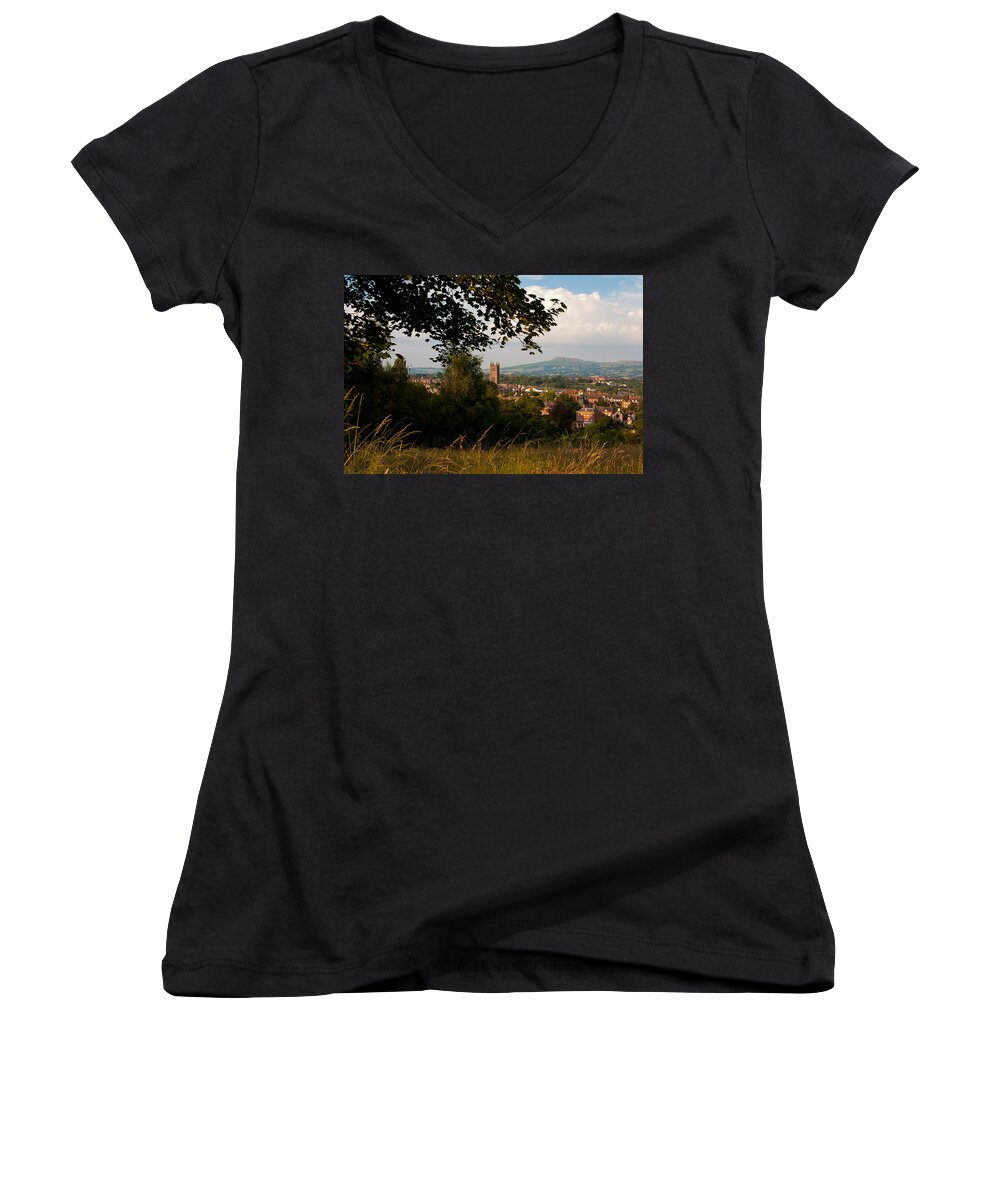 Ludlow Women's V-Neck featuring the photograph Ludlow village from the meadow by Jenny Setchell