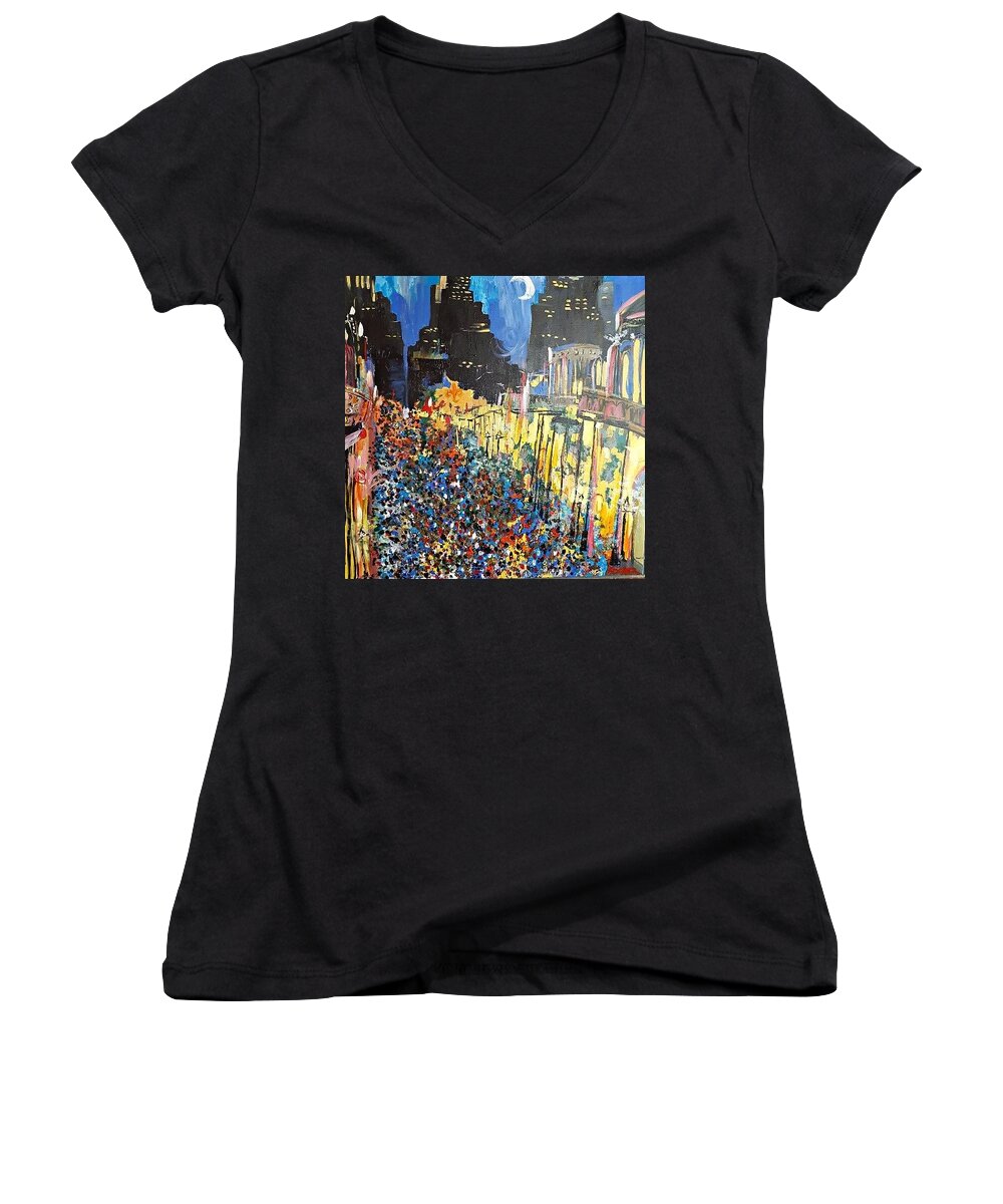 New Oreans Art Women's V-Neck featuring the painting Lundi Night New Orleans by Kerin Beard