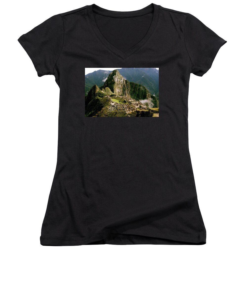 Machu Picchu Women's V-Neck featuring the photograph Machu Picchu at Sunrise by Brandy Little