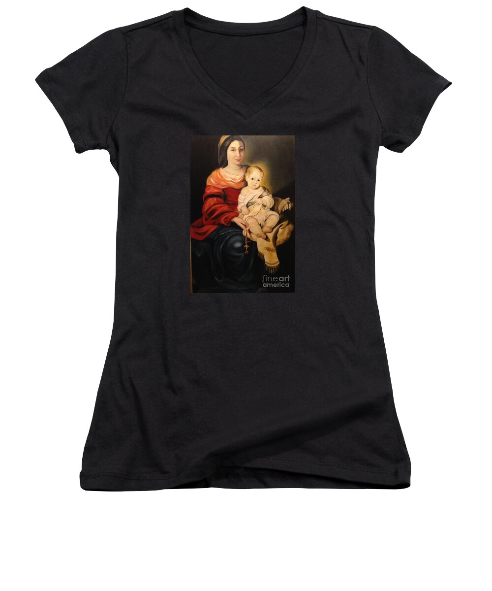 Madonna Mary And Child Jesus Women's V-Neck featuring the painting Madonna and child by Renata Bosnjak