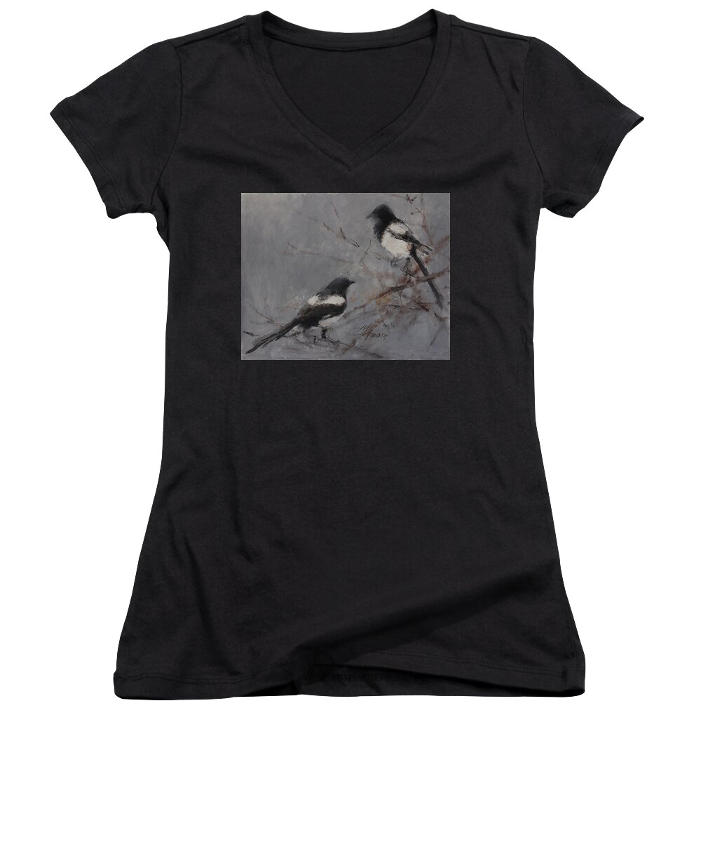 Magpie Women's V-Neck featuring the painting Magpies by Attila Meszlenyi