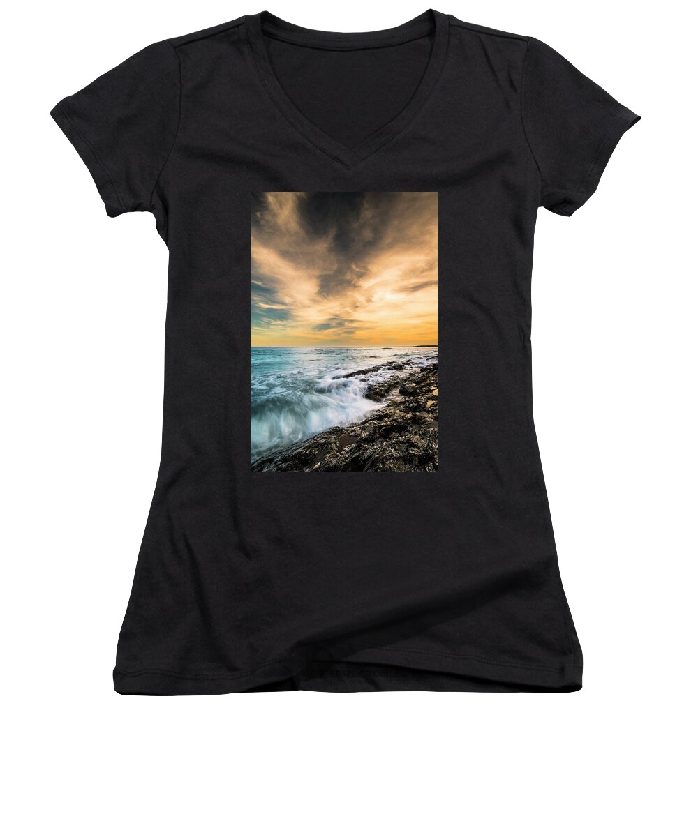 Maine Women's V-Neck featuring the photograph Maine Rocky Coastal Sunset by Ranjay Mitra