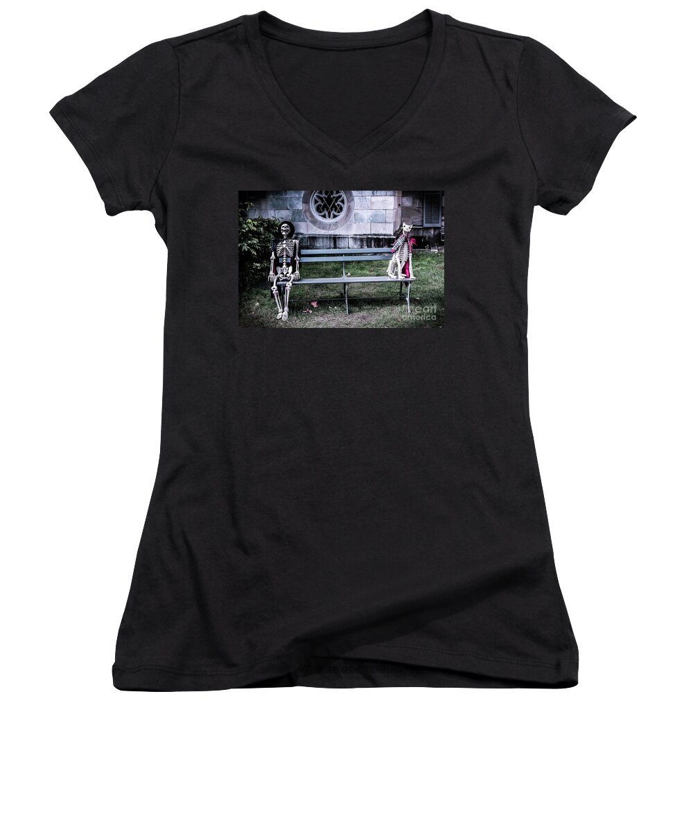 Skeleton Women's V-Neck featuring the photograph Man's Best Friend Till the End by Colleen Kammerer