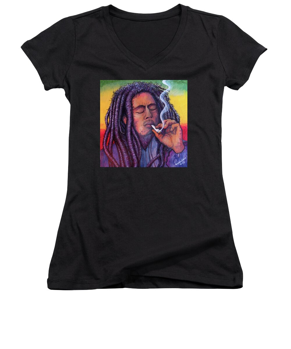 Bob Marley Women's V-Neck featuring the painting Marley Smoking by David Sockrider