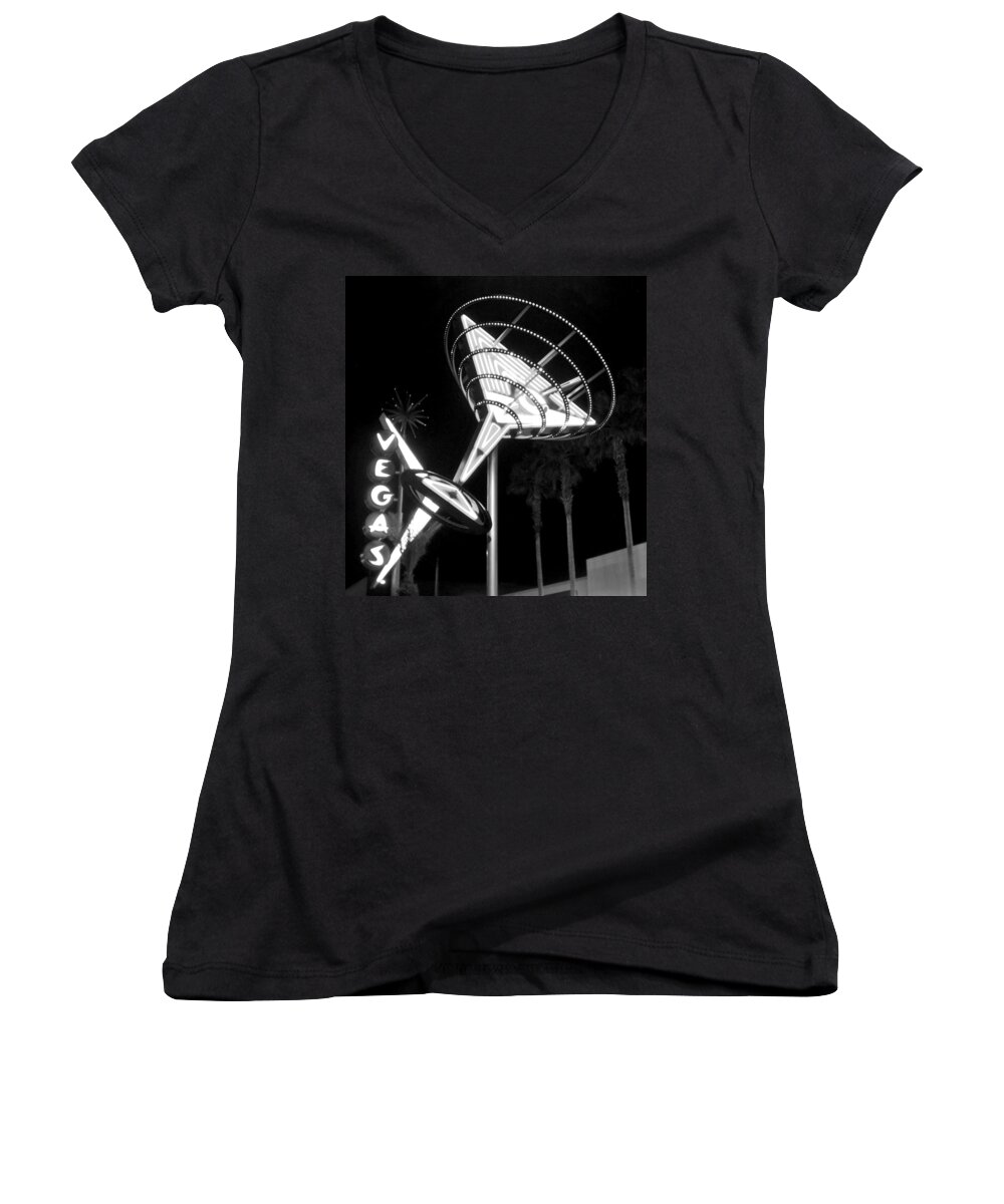Martini Women's V-Neck featuring the photograph Martini sign in Vegas b-w by Anita Burgermeister